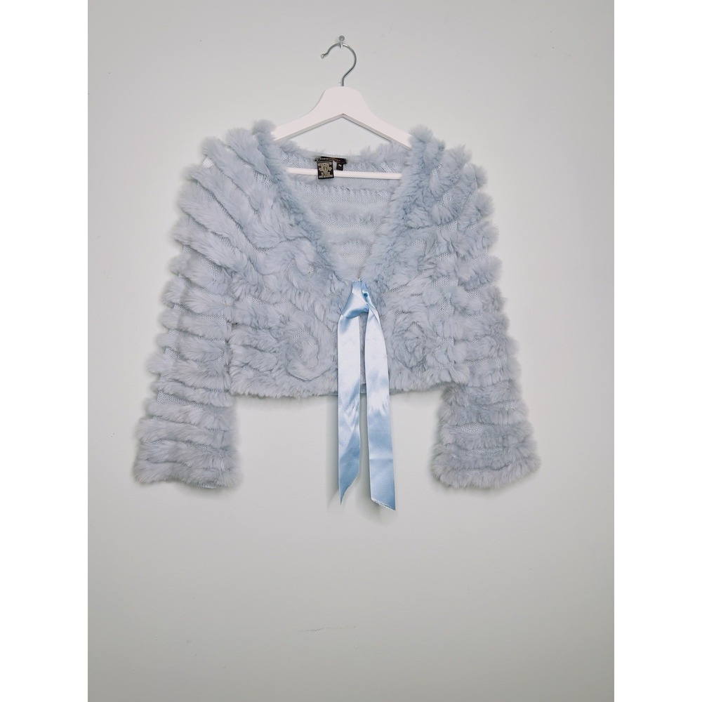 BCBGMAXAZRIA Women's Light Blue Rabbit Fur Cardigan Size XS Y2K